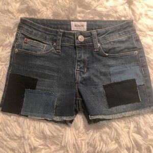 Hudson Girls Blue Denim Raw Edge Shorts with Patches Size 12
